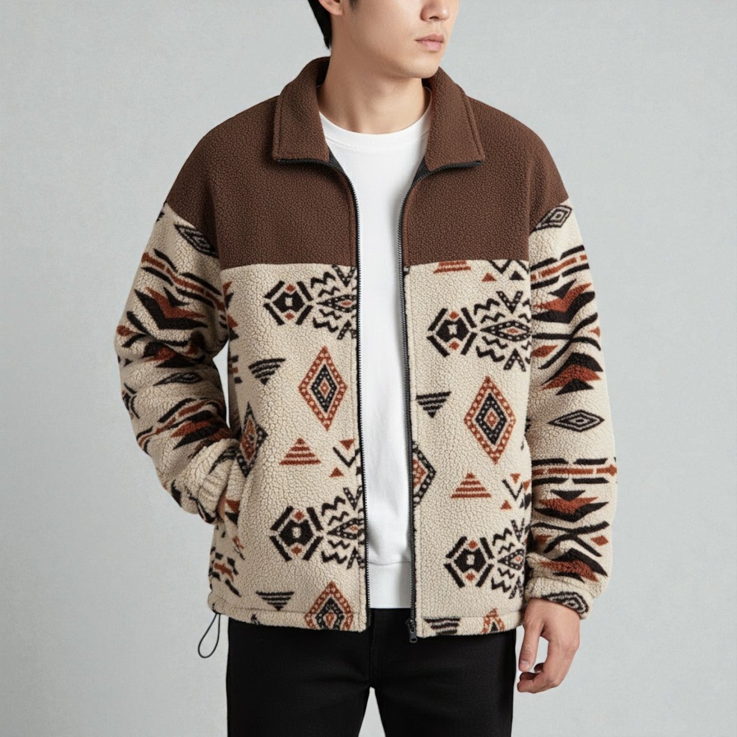 Tamo – Men's Teddy Fleece Jacket with Aztec Pattern - Jacket - Beige - Jones & Smith