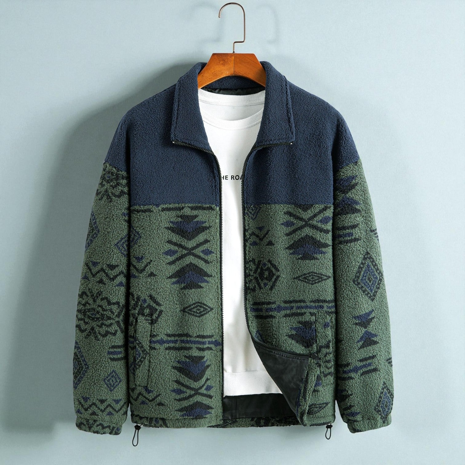 Tamo – Men's Teddy Fleece Jacket with Aztec Pattern - Jacket - Olive Green - Jones & Smith