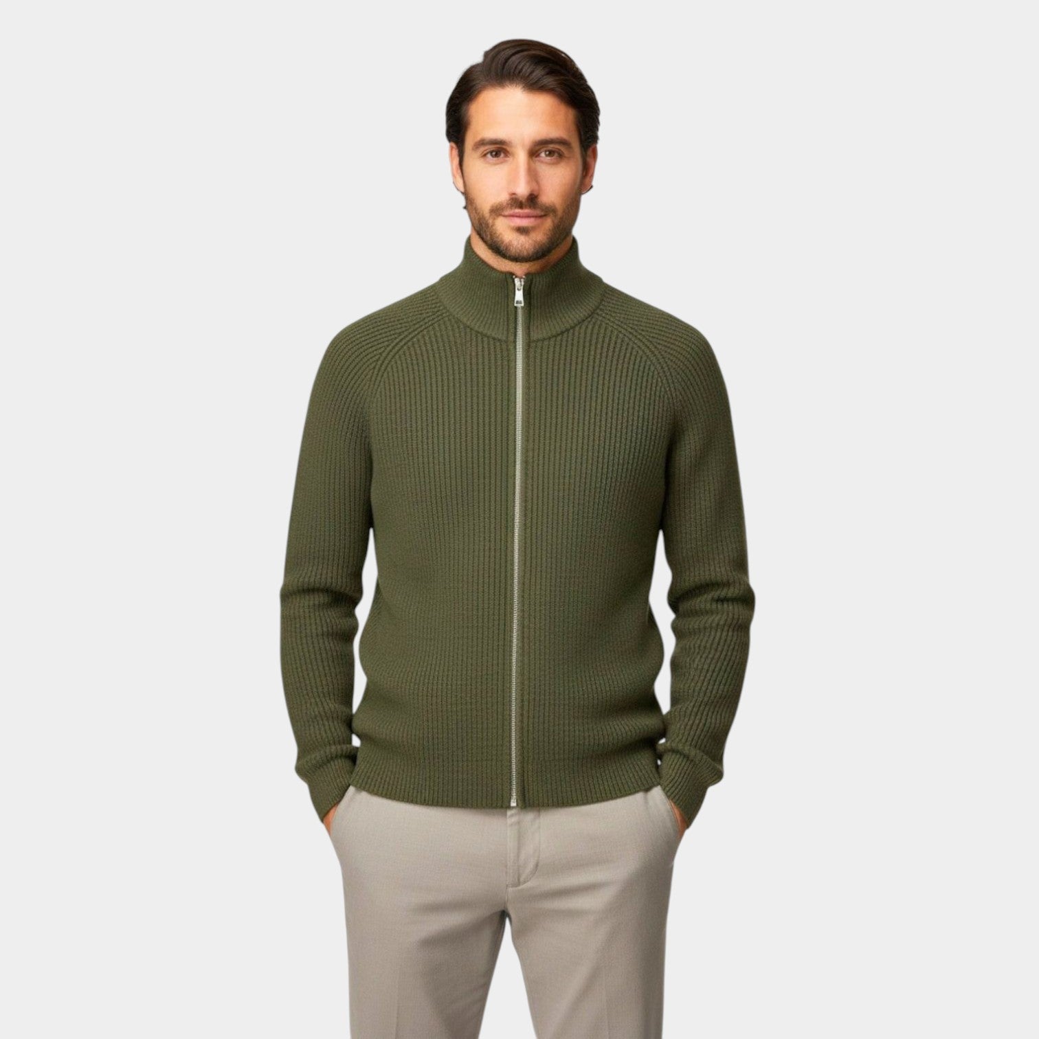 Tarek – Men's Cotton Cardigan - Cardigans - Olive Green - Jones & Smith