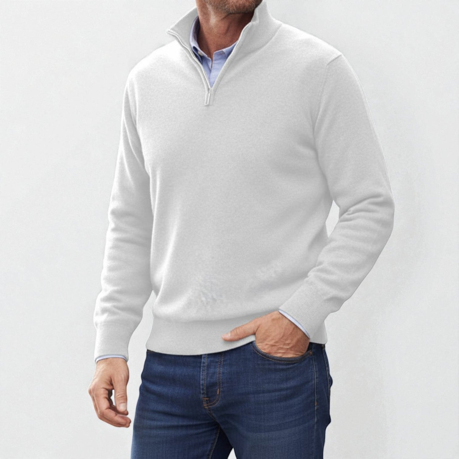Torin - Men's Zipper Basic Pullover - Sweater - White - Jones & Smith